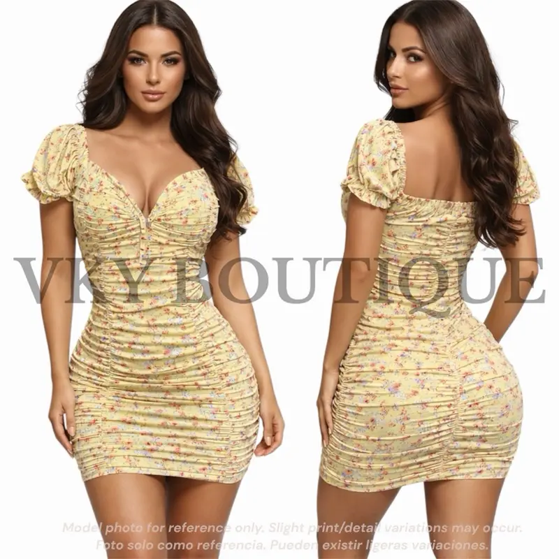 Floral Ruched Puff Sleeve Bodycon BL Mini Dress