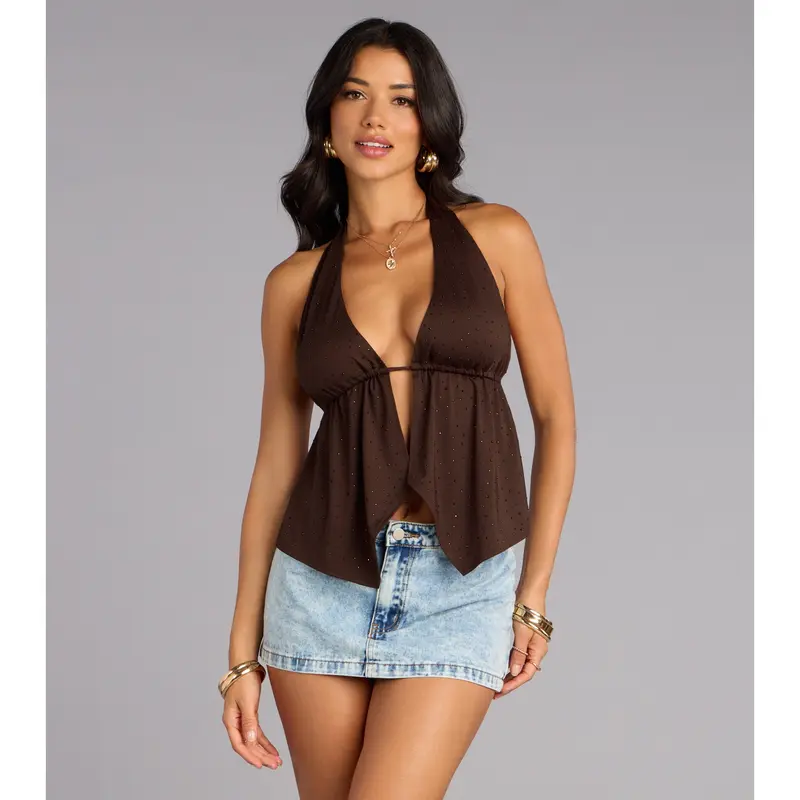 black rhinetsone halter neck top - TikTok Shop