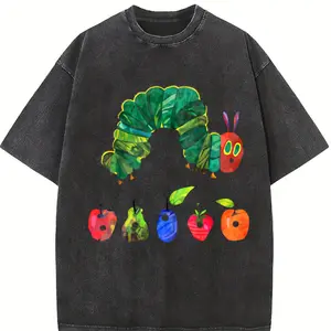 Holafish Acid Wash Vintage "The Very Hungry Caterpillar"Two-Sided Print T-Shirt,Heavyweight Cotton Streetwear graphic vintage tees Menswear Womenswear Crewneck Tshirt Fit