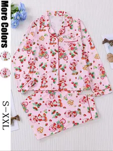 Women's Strawberry Pattern Sleepwear Set, Long-Sleeve Button-Up Top & Elastic-Waist Pants, Casual Fall Winter Pajamas, Comfortable Home Wear