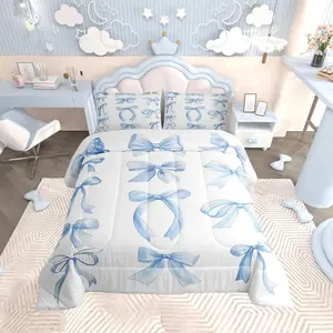 Bowknot Comforter Set,Watercolor Bow Comforter Bowknot Bedding Set,Dreamy Princess Style Duvet Set,Sky Blue Quilt Set