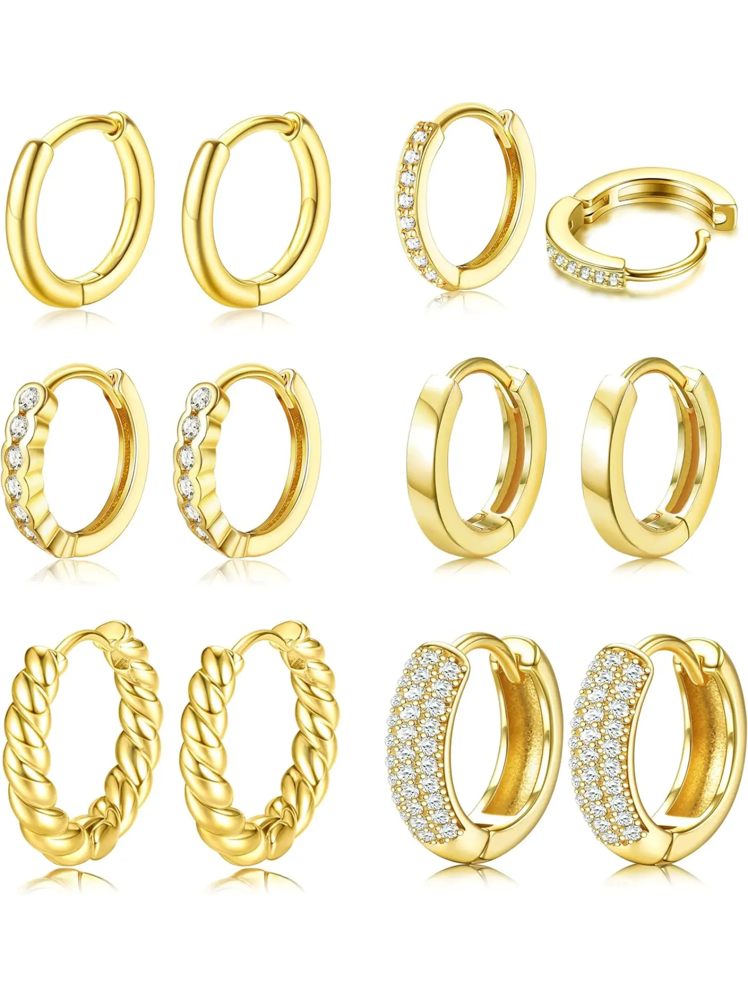 6 Pairs Chunky Gold Hoops Earrings for Women 18K Gold Plated Huggie Hoop Earrings Lightweight Thick Small Gold Hoop Earrings Set Hypoallergenic Stackable Silver Gold Earrings Hoops Huggie Earring Pack Earring Stacking Set