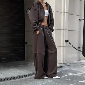Long Sleeve Zipper Coat & Loose Trousers Suit for Women - Casual Street Hipster Style in Solid Brown, Gray, Black - All Seasons Wear