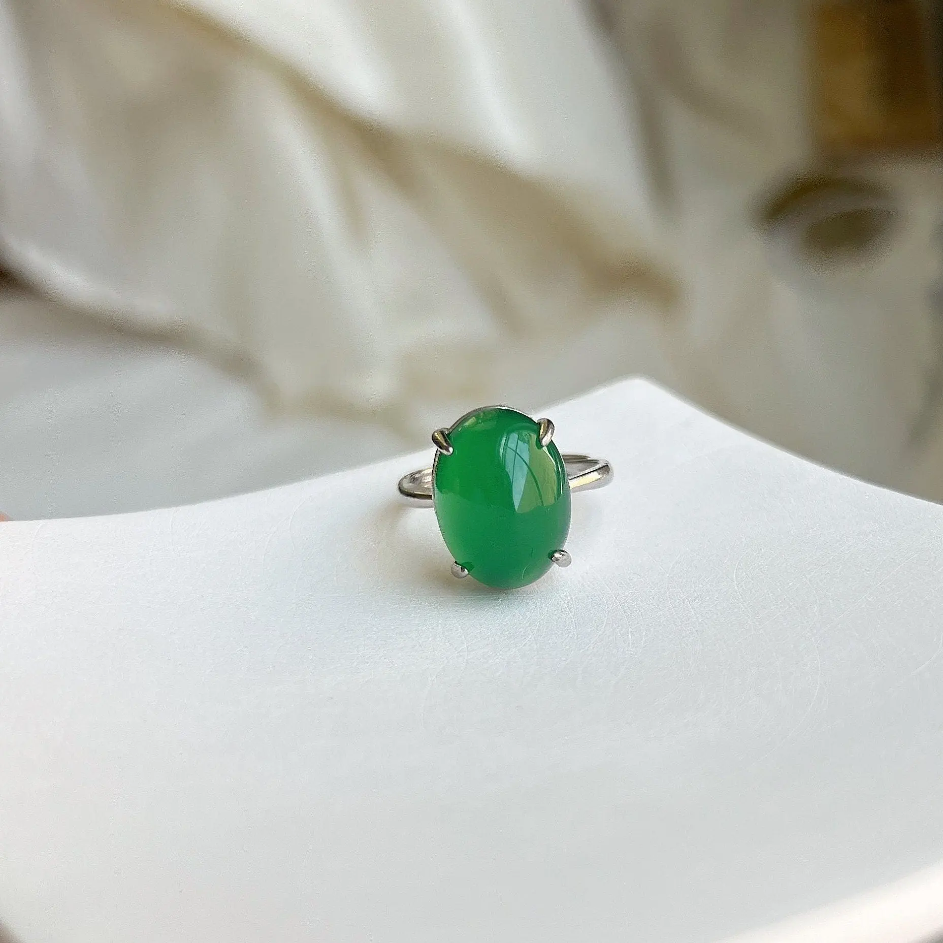 Large Chalcedony Ring, Oval Natural Stone Ring with 925 Silver Band