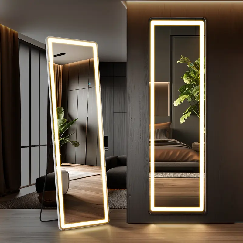 3-Color LED Floor Mirror with Adjustable Brightness, Full-Length Stand/Lean/Wall Mount Lighted Mirror, 200 LED Nano Glass for Bedroom, Living Room, Dressing Room, Arched/Rectangle 60/64/71 Inch