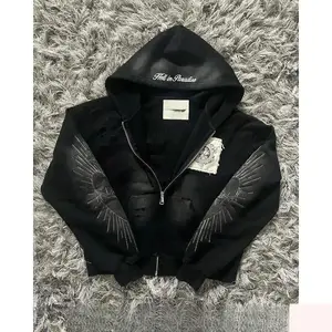 Heaven Street Hell Vintage Gothic Style Zipper Hoodie Embroidered Patchwork Loose Sweatshirt Men's Clothing