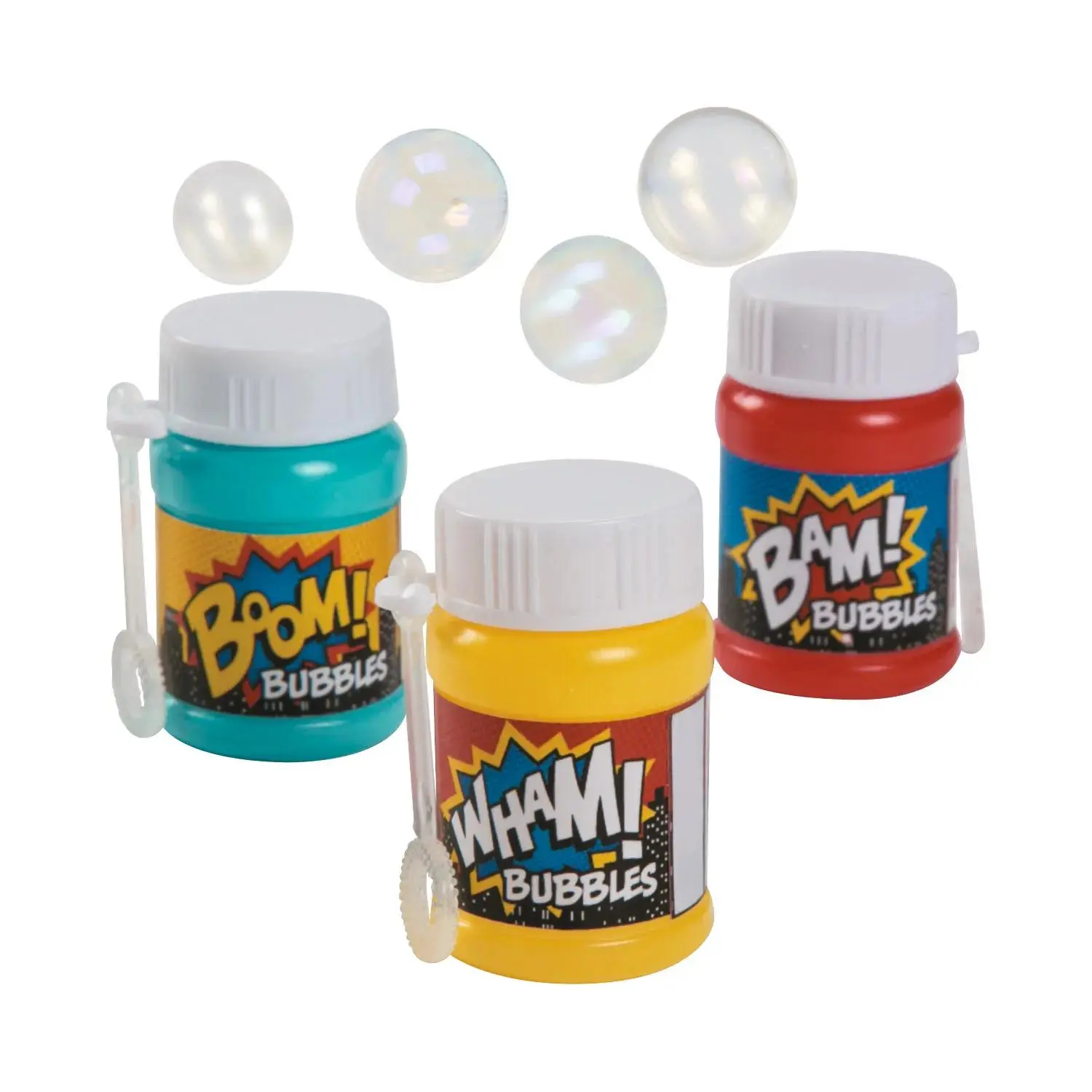 Plastic Mini Bubble Bottles with Attached Wand - 24 Pc., Super-Infused with Fun, Party Favors for Superhero Parties
