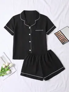 Women's Summer Bubble Pleated Sleepwear Set, Short Sleeve Button Shirt and Shorts, Casual Home Wear, Loose-Fitting, All Seasons, Pajama Set