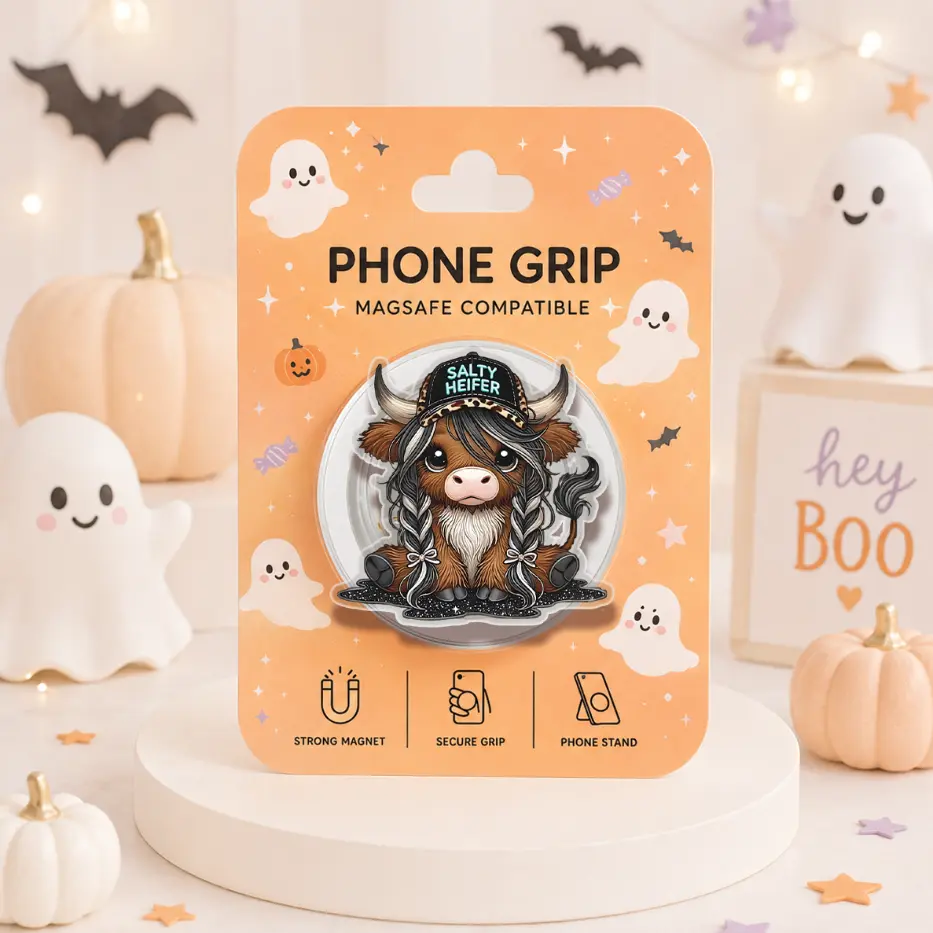 Salty Heifer Highland Cow Phone Grip, Western Cowgirl Magsafe Phone Holder, Girlie Cow Kindle Grip, Highland Cow Phone Accessories, Halloween Gift, Autumn Vibes Kindle Stand