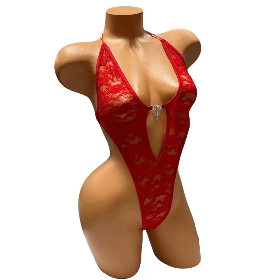 Red Floral Lace High Cut Bodysuit