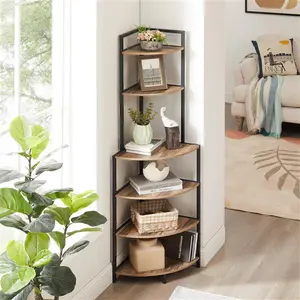 6-Tier Corner Open Shelf Modern Bookcase Wood Rack Shelving Unit,Plant Album Trinket Sturdy Stand Small Bookshelf Space-Saving for Living Room Home Office Kitchen Small Space Rustic Brown