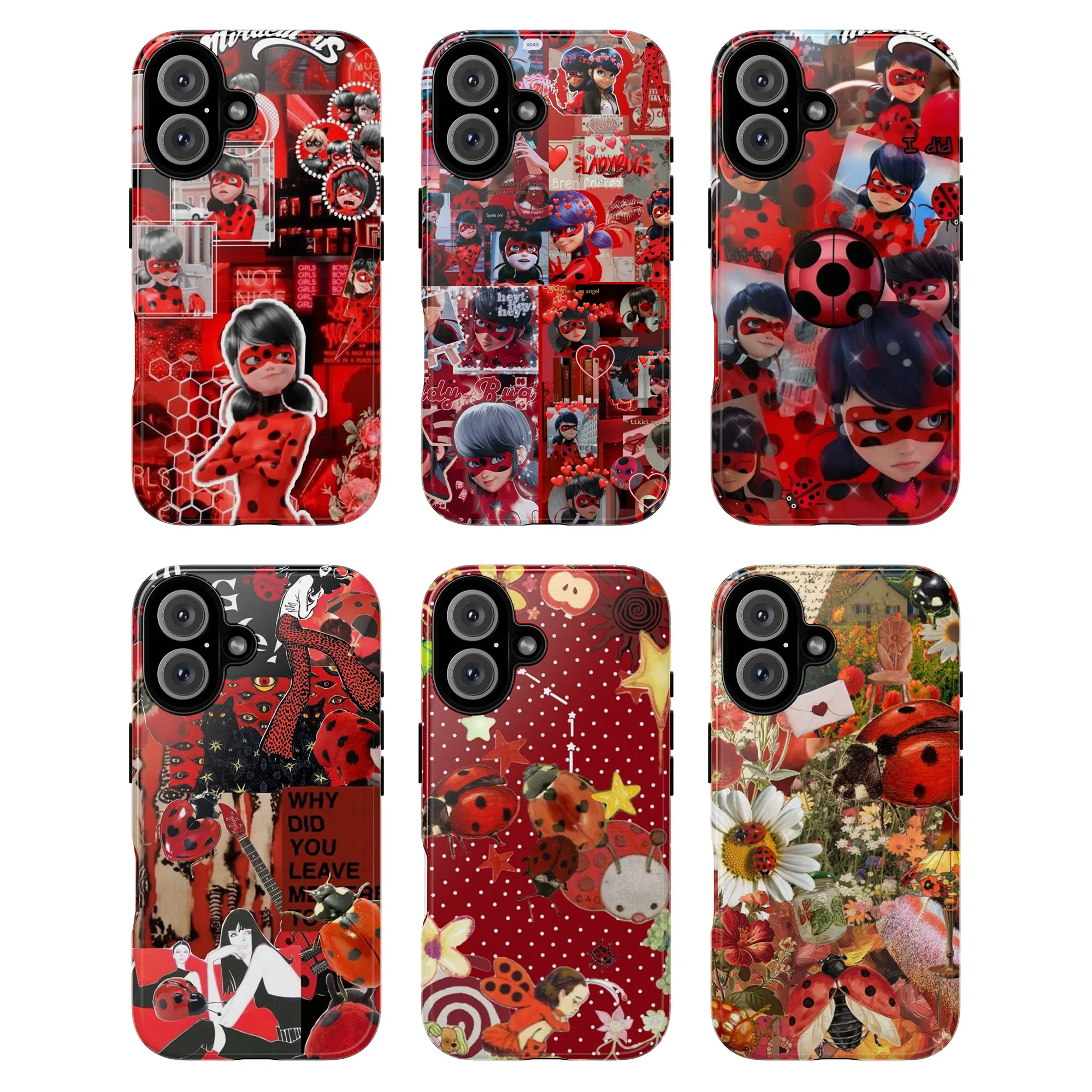 Ladybug Collage Phone Case, Miraculous Cartoon  Ladybug Cat Noir Hearts Flowers Daisies Quotes Why Did You Leave Me Mixed Art Garden Theme Whimsical Feminine Artistic Retro Aesthetic for iPhone 17 17 Pro Max 17 Pro 17 16 15 14 13 12 11