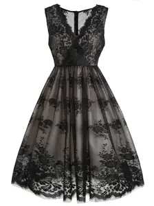 BLACK 1950S LACE FLORAL SWING DRESS Sleeveless Casual Womenswear Summer