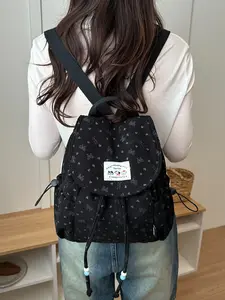 Cute Corduroy Mini Backpack for Women, Bow Heart Print, Drawstring Design, Lightweight Durable Casual Small Bag, Student School Travel Daily Use