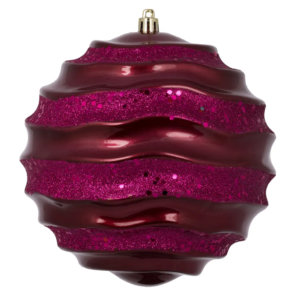 212 MAIN 6 in. Shatterproof Plastic Stripe Wave Print Candy Finish Hanging Christmas Ornament, Glitter Accents, Berry Red Festive Collectible Home Decoration, Hanging Ornament
