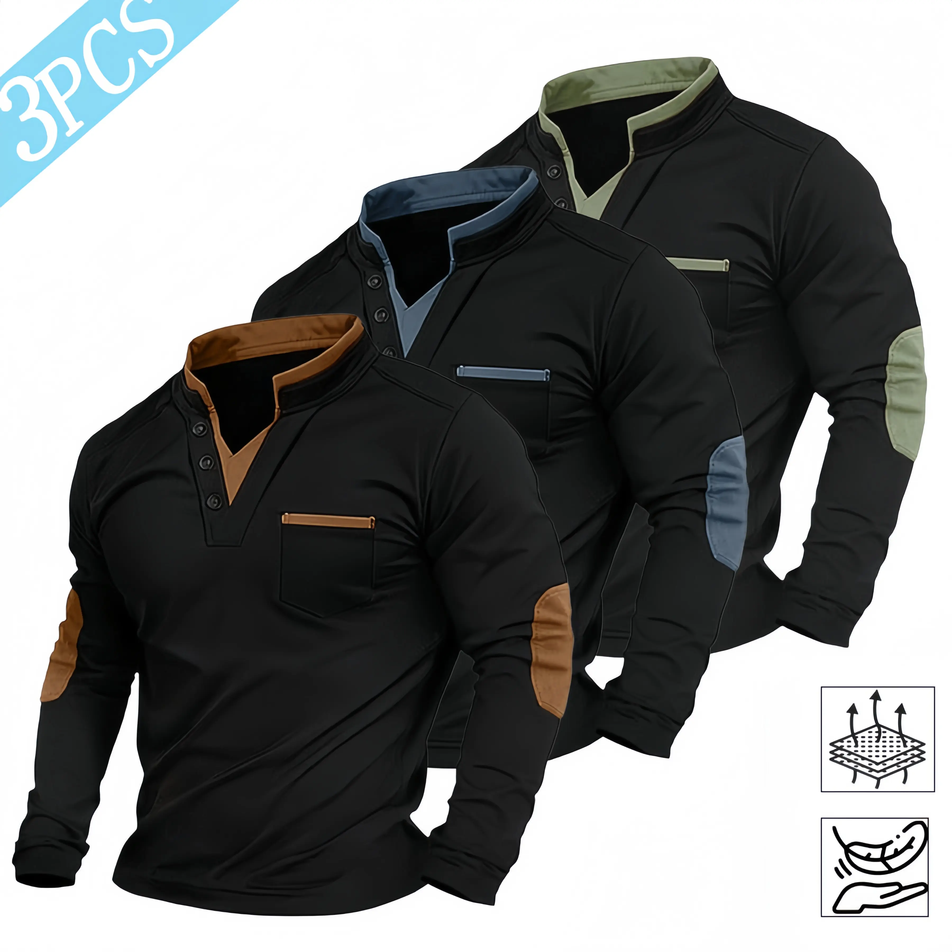3-pack men’s long-sleeve shirts, stand-collar casual pullover shirts with front pockets and contrast elbow design, breathable outdoor work shirts