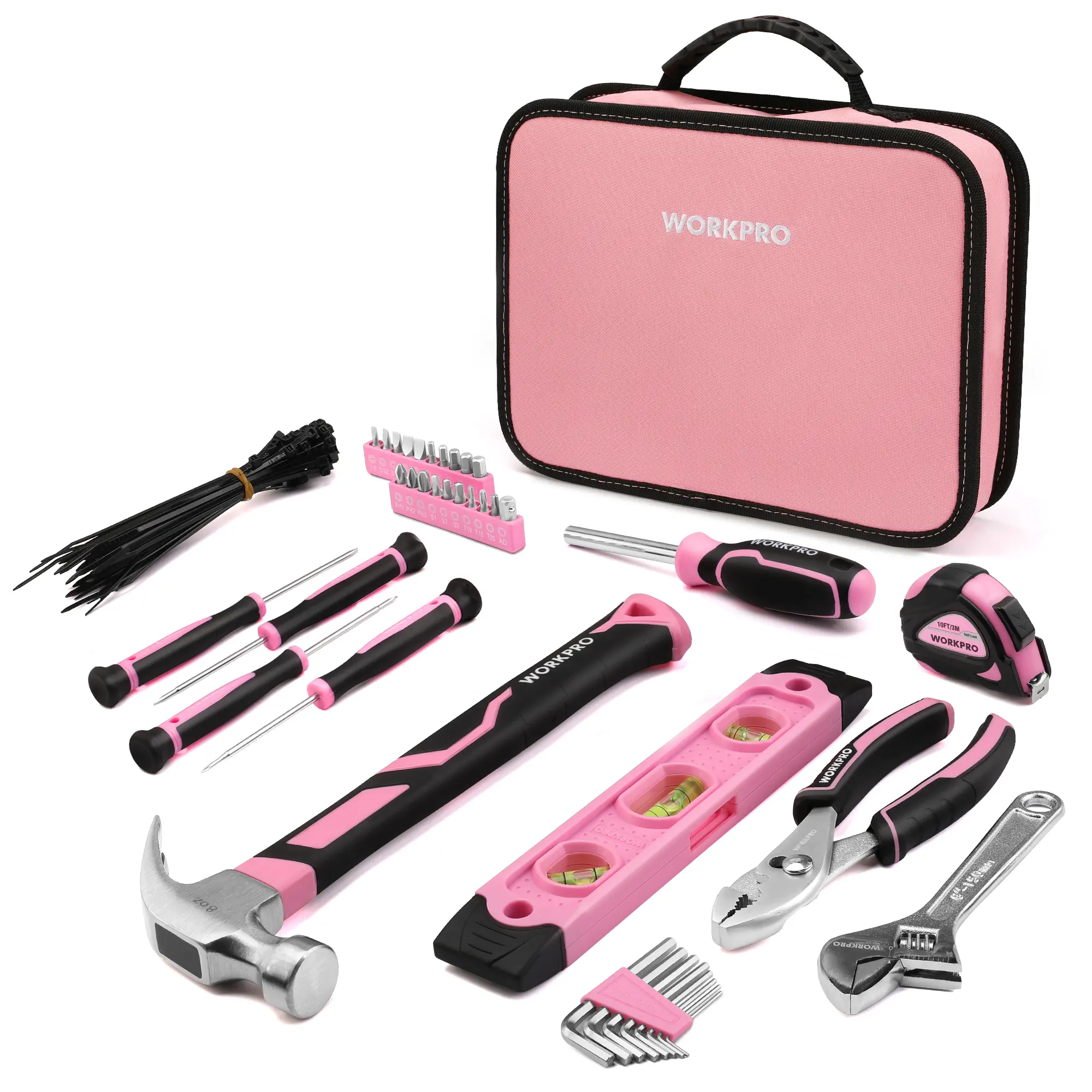 #fathersdaygift WORKPRO Pink Tool Set - 100 Counts Pink Tool Kit with Easy Carrying Pouch, Household Tool Kit for Home, Apartment, Office, College, Perfect for DIY Projects, Home Maintenance