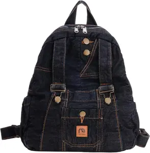 Denim Backpack for Women Vintage Y2K Grunge Style Lightweight Canvas Rucksack Purse Daypack Aesthetic Cute Travel Jeans Bag (【Black】)