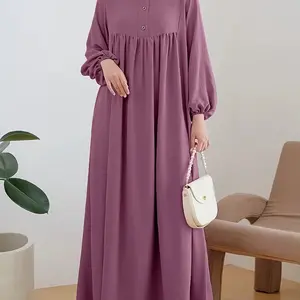 Elegant Purple Abaya Dress for Women - Middle Eastern/Musical/Dubai Style, Casual Long Robe with Bubble Sleeves and Button Details, Perfect for Spring/Fall, Casual Attire | Bubble Sleeve Dress | Buttoned Closure