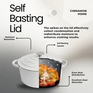 Cinnamon Home 6 Quart Enameled Cast Iron Round Dutch Oven with Self Basting Lid - Matte White - Pots, Cookware - Suitable for All Heat Sources