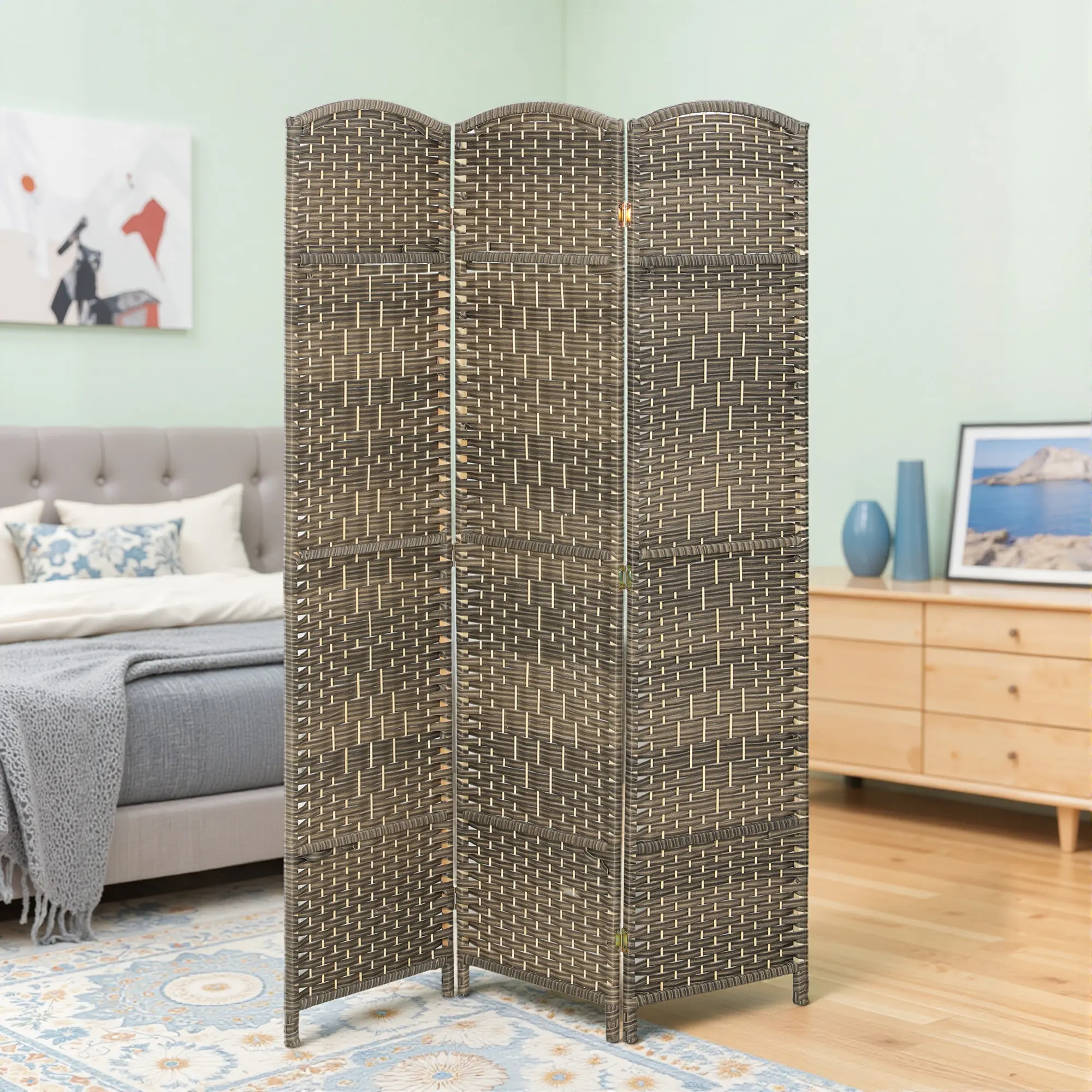 6' Tall 3-Panel Freestanding Wooden Room Divider Screen, Dark Rustic Oak Vintage Farmhouse Privacy Partition for Home Office, Bedroom, Living Room