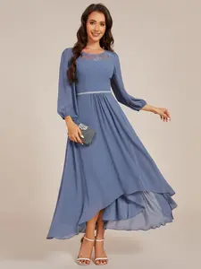 Ever-Pretty Blue Long Sleeve Midi Chiffon Wedding Guest Dress with Round Neckline & Chic Waist Chain Detail for Elegant Women's Wear 02256