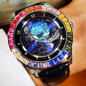 Men's Luxury Automatic Mechanical Watch, Starry Sky Night Dial, Luminous Hands and Color-Changing Bezel (//Blue Rhinestones//) - Automatic Winding Analog Watch, Suitable for Business and Casual Wear, No Battery Needed, Black Faux Leather