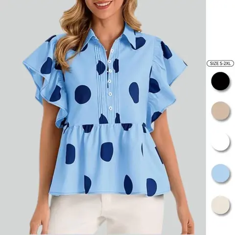 Imily Bela Womens Polka Dot Babydoll Tops Peplum Ruffle Cap Sleeve Blouses Summer Casual Half Button Up Shirts