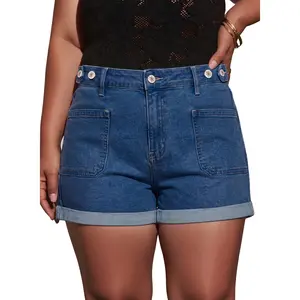 Eytino Women Plus Size Denim Shorts Trendy Stretch High Rise Rolled Hem Summer Casual Jean Shorts with Pockets(1X-5X)