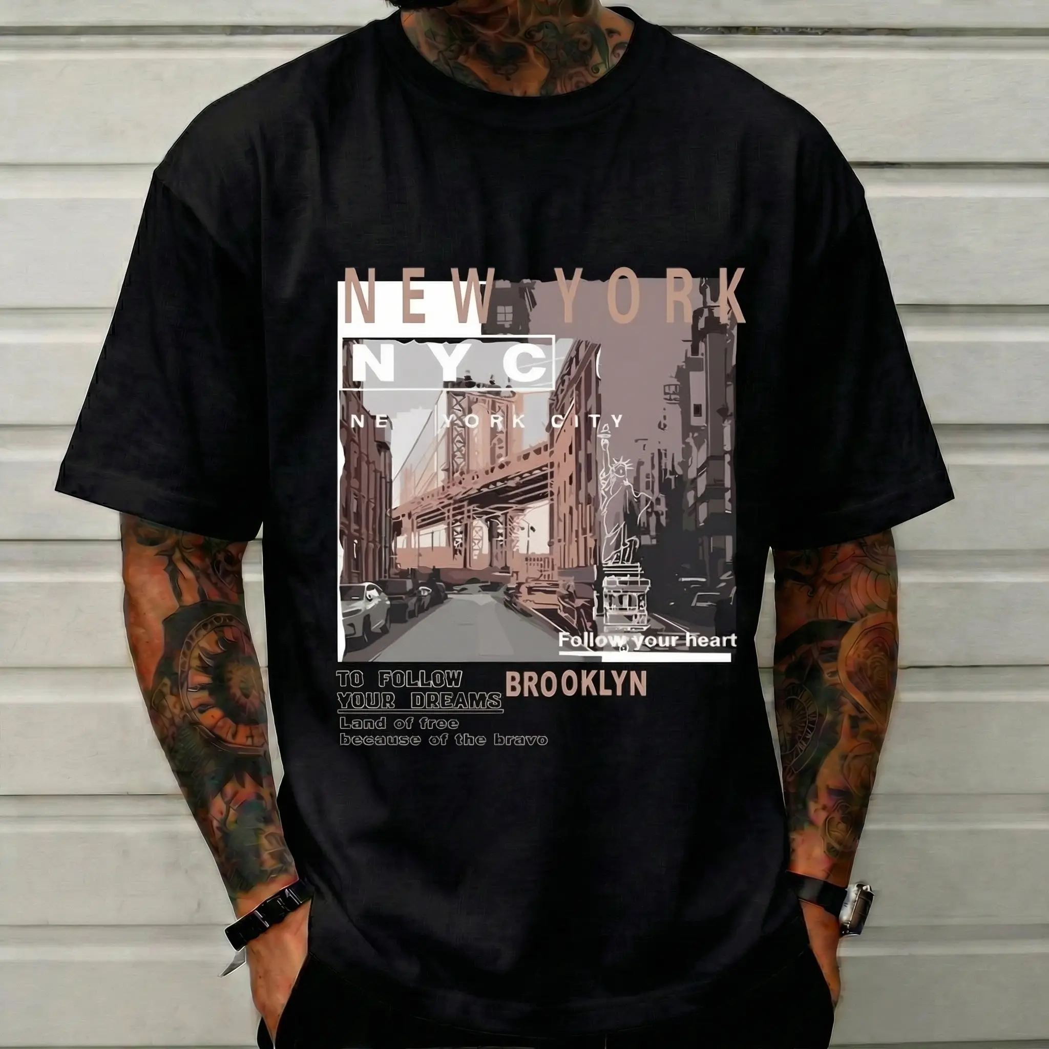 Women's Unisex Short-Sleeve T-Shirt, NYC New York City Brooklyn Bridge Retro Collage Apparel, Downtown Girl Aesthetic Streetwear, Casual Oversized Wanderlust Travel Dreamer Print Top