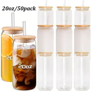 25pack 20oz clear/frosted Glass Coffee Cans with High-Quality Bamboo Lids & Straws - Versatile, Reusable Drinkware for Iced Coffee, Tea, and Cold Beverages - Perfect Gift Set, Coffee Mug