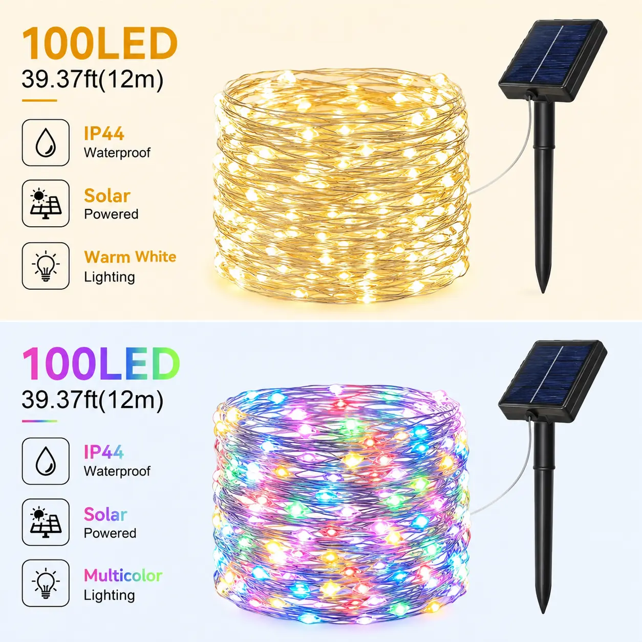 1 piece - Solar copper wire string lights 12 m/39.37 ft, 100 LEDs, solar-powered string lights, IP44 waterproof, warm white/color, home decor, bedroom decor, wedding decor, Christmas decor, holiday decor, Halloween decor.