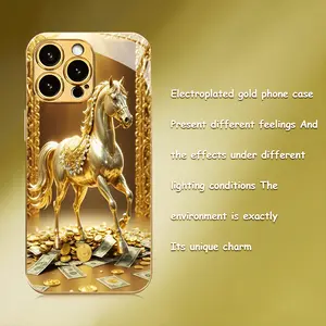 Advanced Luminous Golden Horse New Electroplated Gold Phone Case for iPhone 16, 15, 14, 13, 12/iPhone 16, 15, 14, 13, 12 Plus/iPhone 16, 15, 14, 13, 12 Pro/iPhone 16, 15, 14, 13, 12 Pro Max/iPhone 11/11 Pro/11 Pro Max Full Coverage Anti-drop Tempered Glas