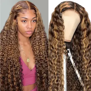 QTHAIR 4/27 Highlight Deep Wave Human Hair 13x4 HD Lace Front Wigs Pre Plucked Bleached Knots 180% Density Ombre Honey Blonde Human Hair Wigs with Baby Hair  for Black Women