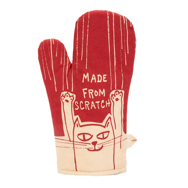 Red Cartoon Oven Mitt - Quilted Insulation, "MADE FROM SCRATCH" Text, Cat Design, Ideal for Baking, Kitchenware Essential