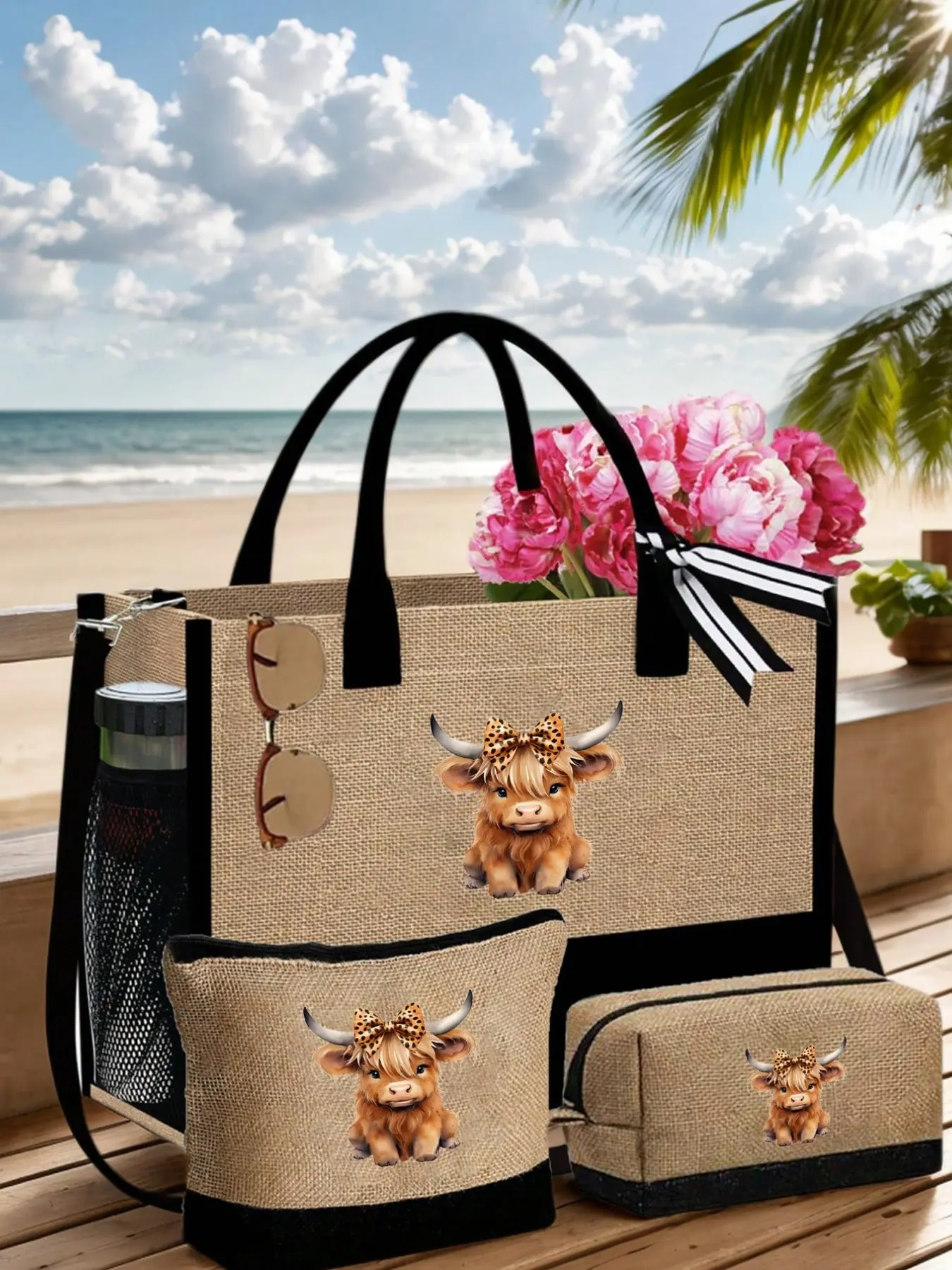 Highland Cow Three-Piece Tote Bag, Highland Cow Pattern with Bow, Small Wallet, Large Capacity Handbag, Multi-function Shoulder Bag, Casual Trendy Purse, Fashionable Travel Storage Bag, Gifts for Fashion Enthusiasts, Family, Friends
