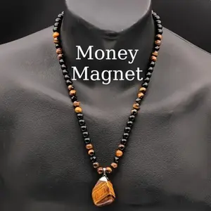 GleamJoy L 1 Piece Fashionable Retro Natural Tiger's Eye Geometric Pendant Adjustable Beaded Necklace Men's and Women's Daily Wear Jewelry Gifts