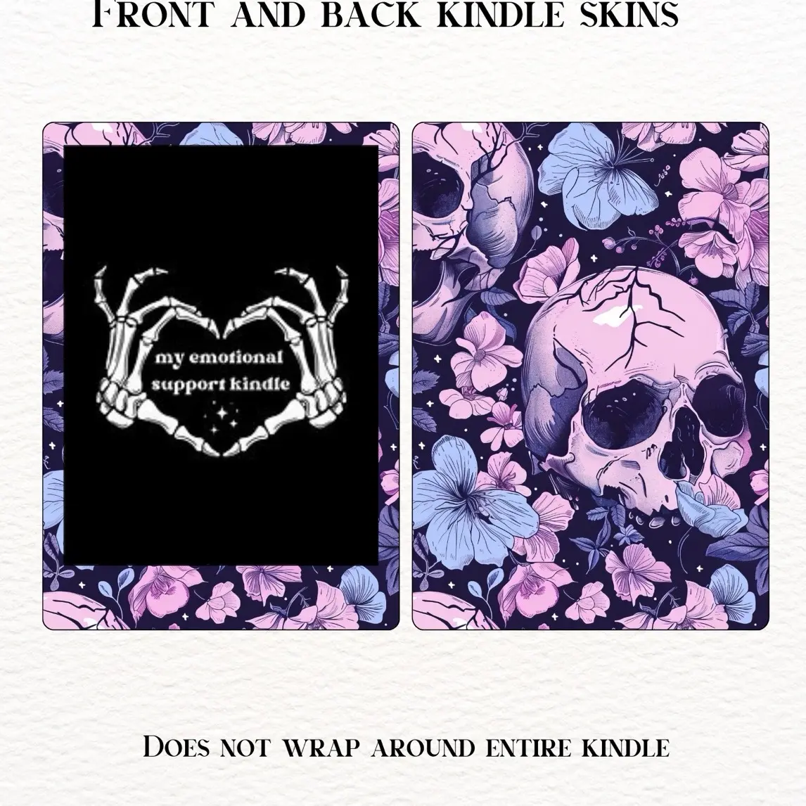 Kindle Tablet Adhesive Vinyl Stickers - 2-Piece Kindle Skins, Front and Back Peel-and-Stick Purple Halloween Dark Romance Skulls Halloween Art, Easy Removal