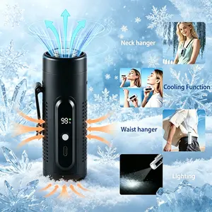 Portable, high-speed cooling handheld USB fan can be worn on the waist or neck; features a 20000 RPM brushless motor with a long battery life of 5000 mAh; LED light; and 5 wind speed settings. Ideal for camping, construction sites, and outdoor activities.