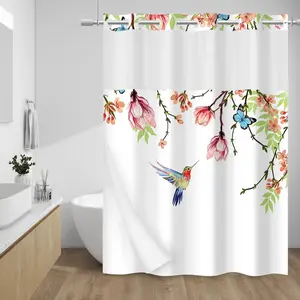 No Hook Shower Curtain with Snap in Liner-Fabric Waterproof Inner Liner, Plants Pink Floral Blue Nature Birds Cloth Shower Curtains Washable, 71 x 74 Inch