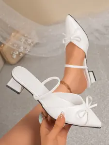 Women's Brown Leather Bow Pointed Toe Slingback Mules - Elastic Strap Block Heel Casual & Office Footwear #mulesandals #bowshoes #brownleathershoes #tiktokshoefinds #neutralheels