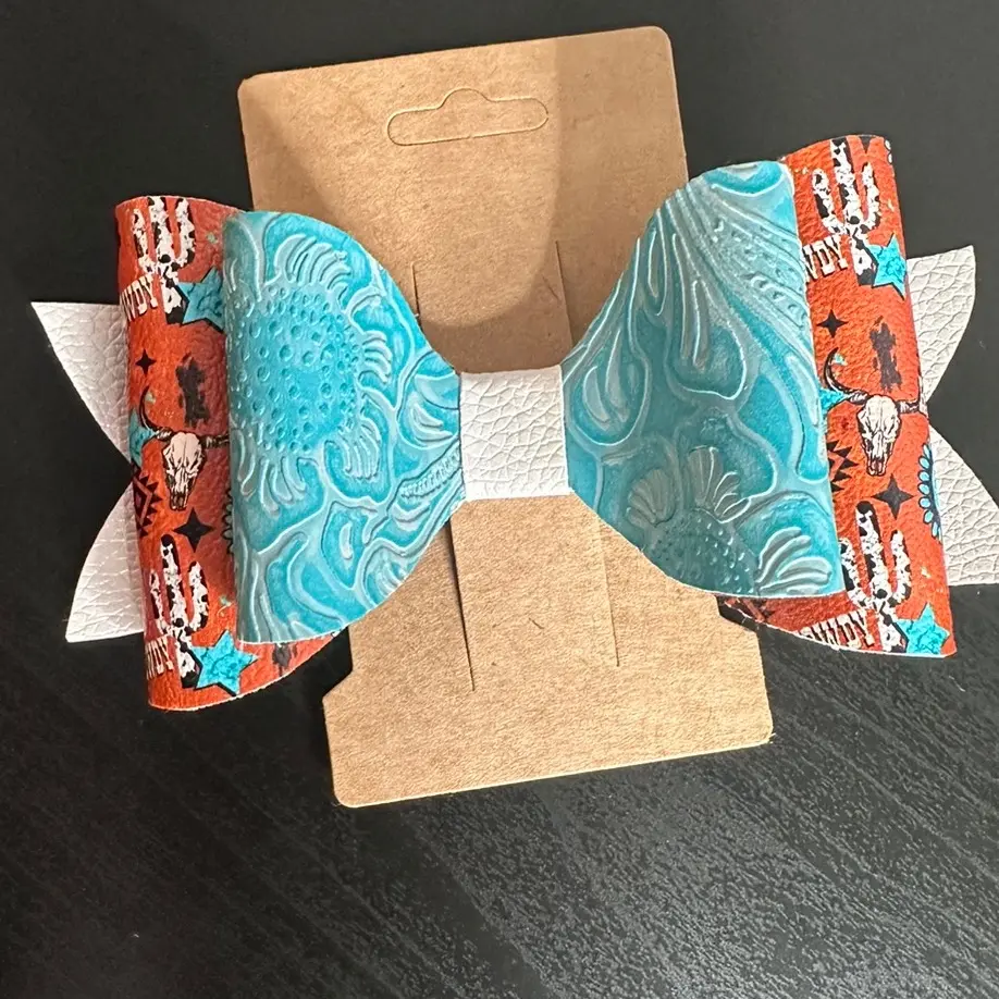 Embossed leather country print western longhorn skull texan hair bow