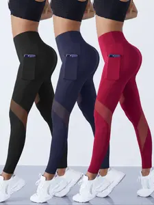 3PCS Women's Fashion Sporty Leggings, Side Pocket Design, Mesh Patchwork High Waist Yoga Pants, All Seasons Wear, High Elasticity