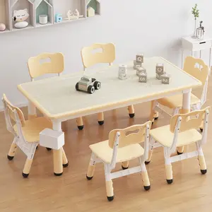 Kids Table and Chair Set, Height Adjustable Toddler Table and 4 Chairs Set for Ages 2-10, Graffiti Desktop, Non-Slip Legs, Arts & Crafts Table, Children Activity Table for Daycare Classroom Home，Beige
