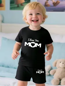 Baby Boy Round Neck T-Shirt Cartoon I Love Mom Letter Print Fashion Casual Short Sleeve Shorts Set, Baby Boy Clothes, Fitted Style, Random Print, Bottoms, Outfit