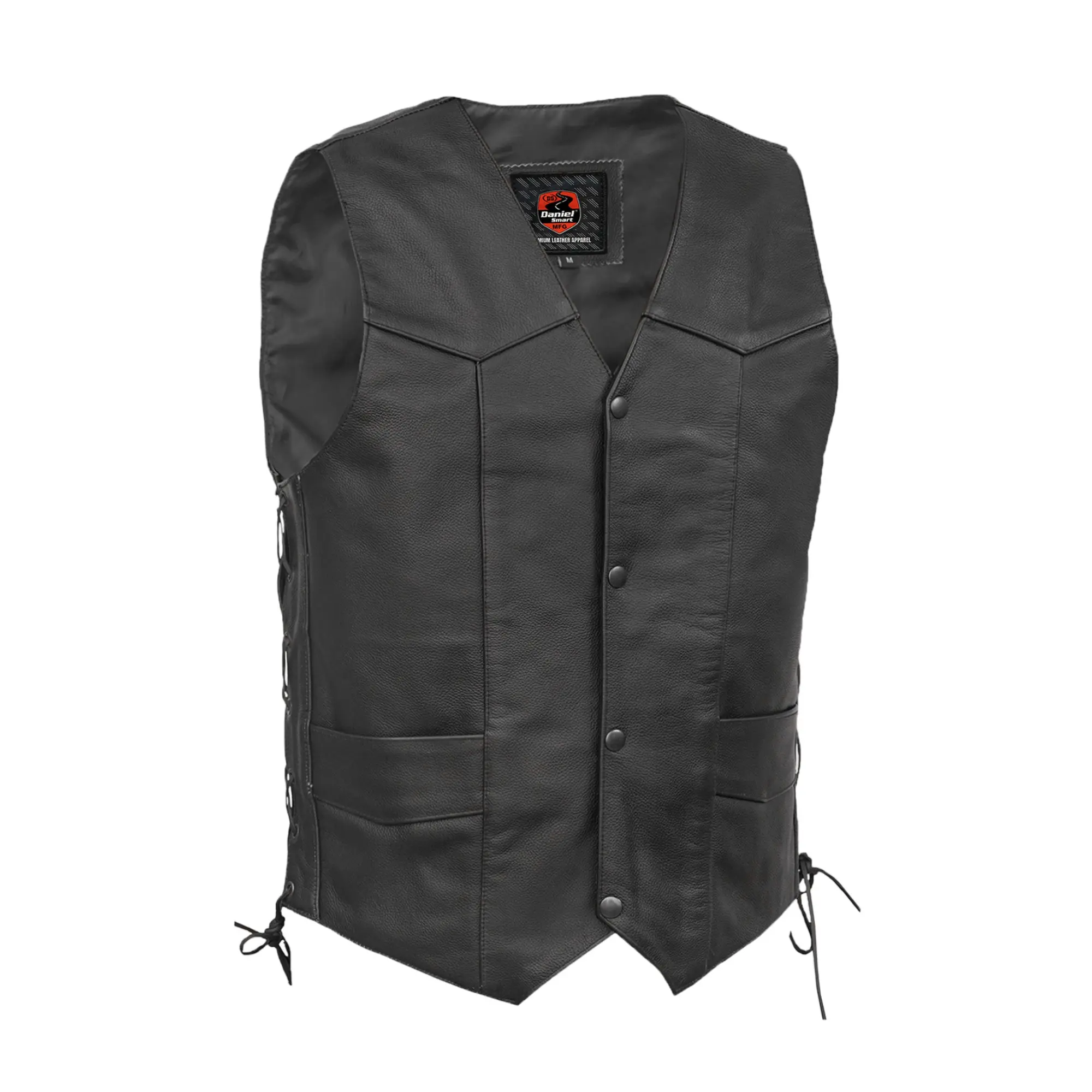 DANIEL SMART Men's Classic Casual Biker Leather Motorcycle Vest - 1.2-1.3mm Diamond Soft Mild Cowhide, V-neck, Sleeveless, Side Lacing, Antique Black Snaps, Concealed Carry Pockets, Cell Phone Pocket, Reinforced Shoulder Support, Plain, Tapered, Tops, Men