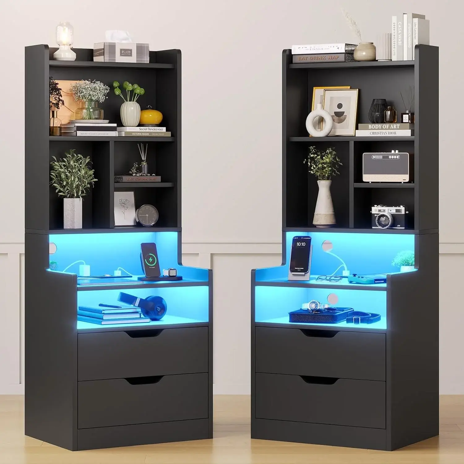 Sikaic 2-Pack Tall LED Nightstand Set with Charging Station, Black Modern Bedside Tables with Shelves and Storage Drawers for Bedroom Furniture