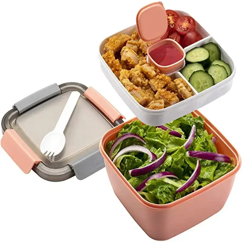 Portable Salad Lunch Container 38 oz 2 Compartments Large Bento Box Food-grade Silicone Leak-proof Easy Squeeze for School Office Picnic Travel