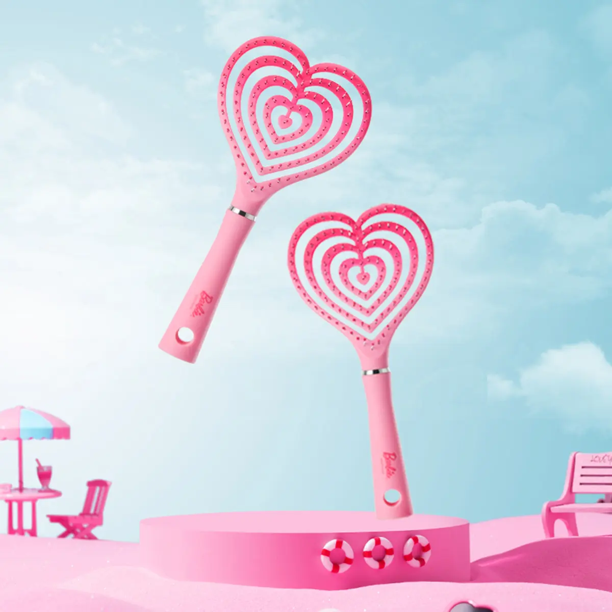 MINISO Barbie Heart Hollow Detangler Hair Brush, Self-standing Fluffy Styling Comb, Cute Pink Air Cushion Hair Comb for Women Girls Daily Hairdressing