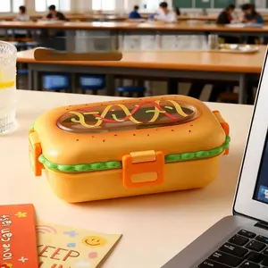 Cute Burger Shape Lunch Box, Four Compartment Leak-Proof, Heatable with Utensils, Student and Office Use, American Bento Box, Leakproof Lunch Box